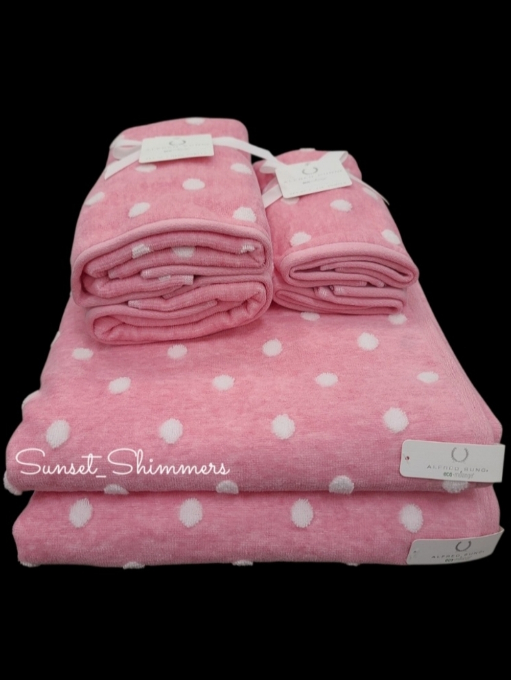 Alfred Sung 6pc Pink White Polka Dot Bath Hand Tip Towel Set Eco Melange New